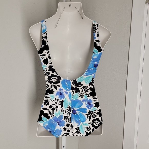 Gabar Ruched One-Piece Slimming Swimsuit ~ Sz 12 ~ Blue & White Floral - Picture 3 of 5